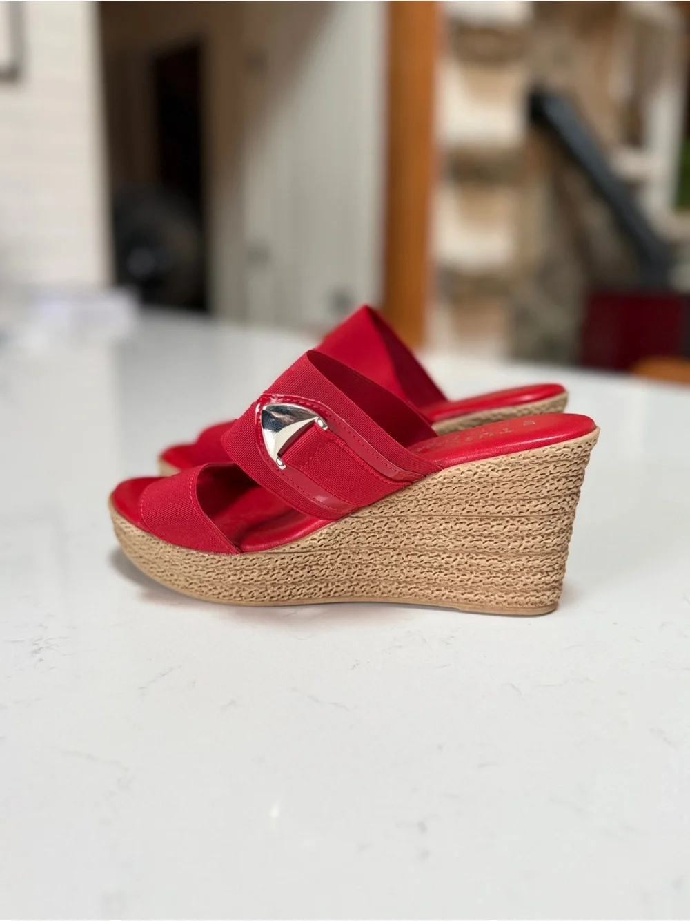 easy street Red Elastic Strap Wedge Sandals with Jute Platform